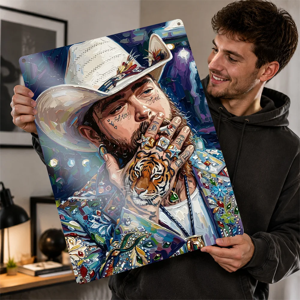 Post Malone Cowboy Painted Portrait Aluminum Poster Customized Metal Sign Vivid Pop Icon Tribute Wall Art Ideal In Music Rooms