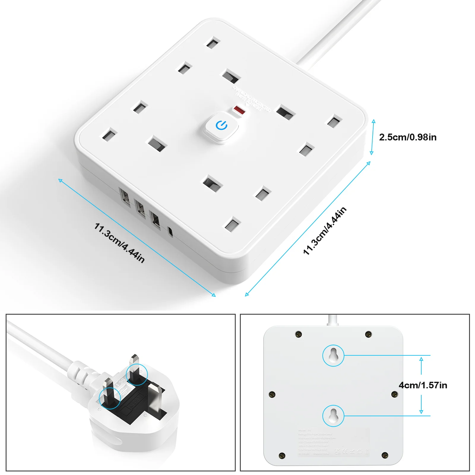 UK Plug Power strip Expansion socket with 4 AC sockets 3 USB and 1 Type C port 1.8m extension cord for home office dorms