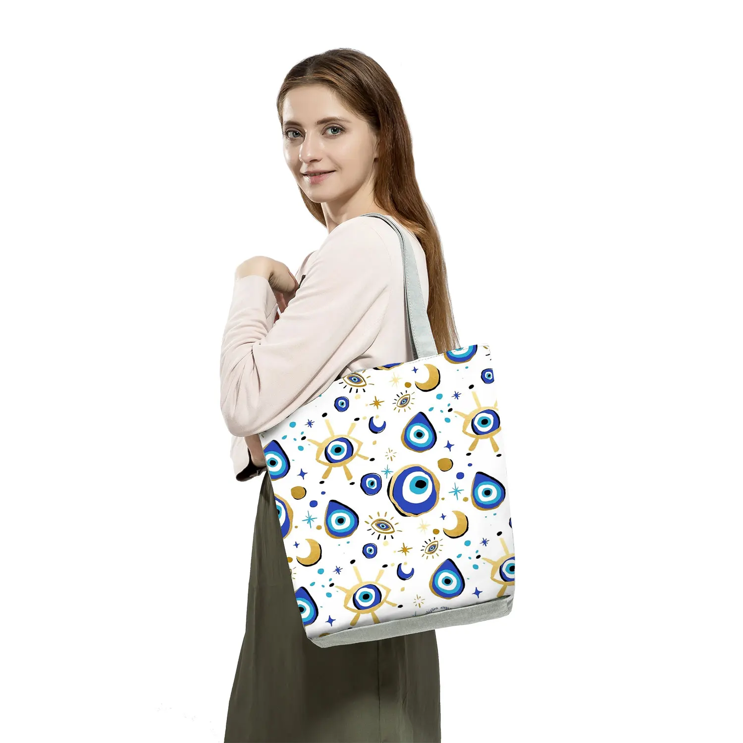 Personality Evil Blue Eye Design Pattern Handbag Funny Printed Logo Fashion Foldable Women Shoulder Bag Shopping Bags Customized