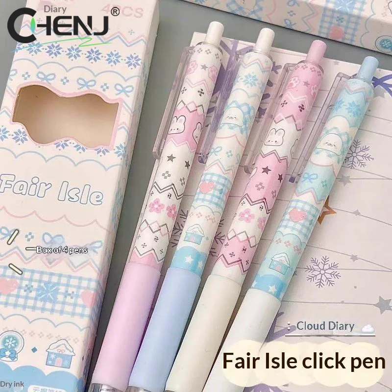 J 4Pcs Cartoon Ins Style Printed Press Pen, Student Quick-dry Practice 0.5mm Black Pen Cute Pens Gel Pen