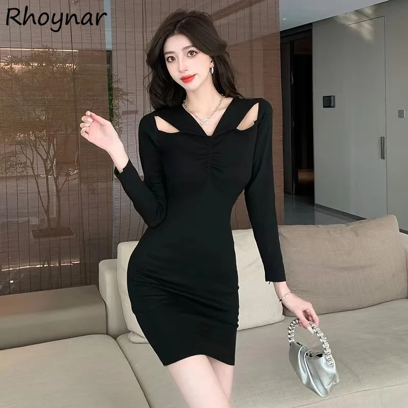 

Black Mini Dresses Women Autumn Sexy Ladies Hollow Out Slim Fit Hip-covering Skin-friendly Ulzzang Fashion High Street Casual