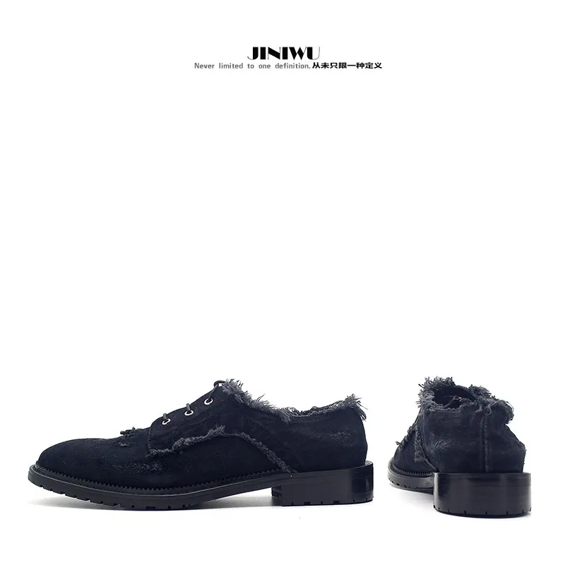 JINIWU 2026 Autumn Winter Men's Denim Leather Shoes, Black Washed Distressed Low Top Lace Up Minimal Men Dress Shoes