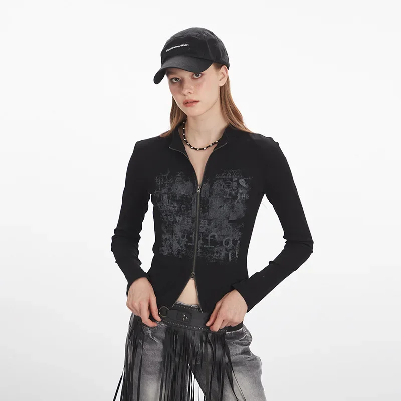 

Small Stand Collar Regular Shoulder Slim Fit Long Sleeve T-Shirt For Women American Retro Autumn Inner Layer Base Top