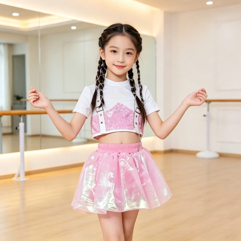 Kids Girls Sequin Jazz Street Dance Costume Modern Stage Performance Competition Outfit Children Dance Clothes Dancewear zym