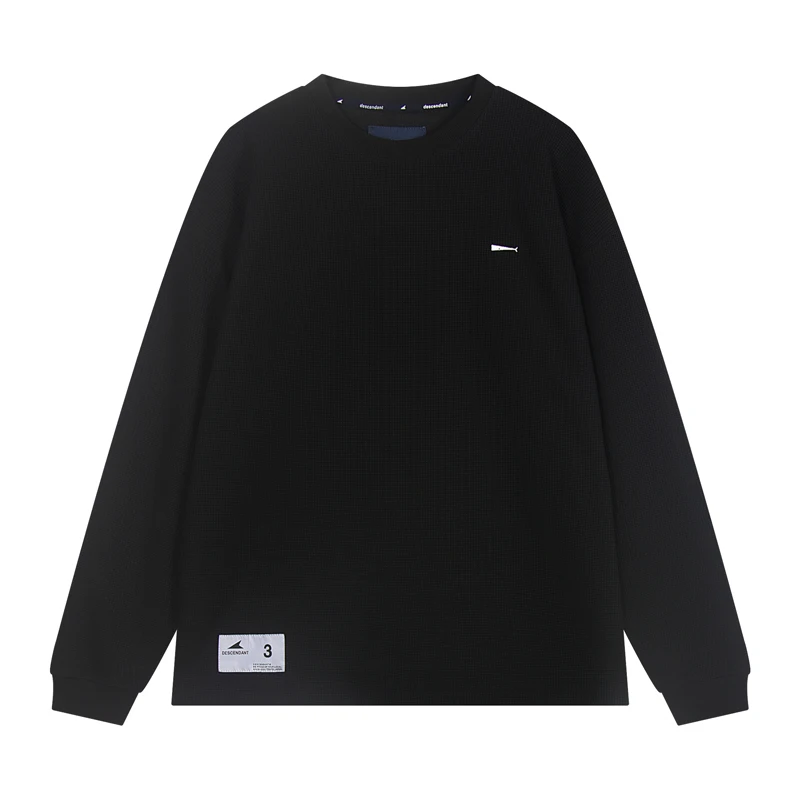 

High Street Повседневная футболка DESCENDANT с длинными рукавами, дышащая вафельная ткань, топы с вышивкой логотипа, хлопковая футболка с круглым вырезом