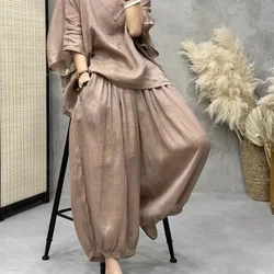 Spring Autumn Women High end 100% Fine Ramie Fashion Western Style Hoodie Small Shirt Literary Loose Thin Casual Two piece Set