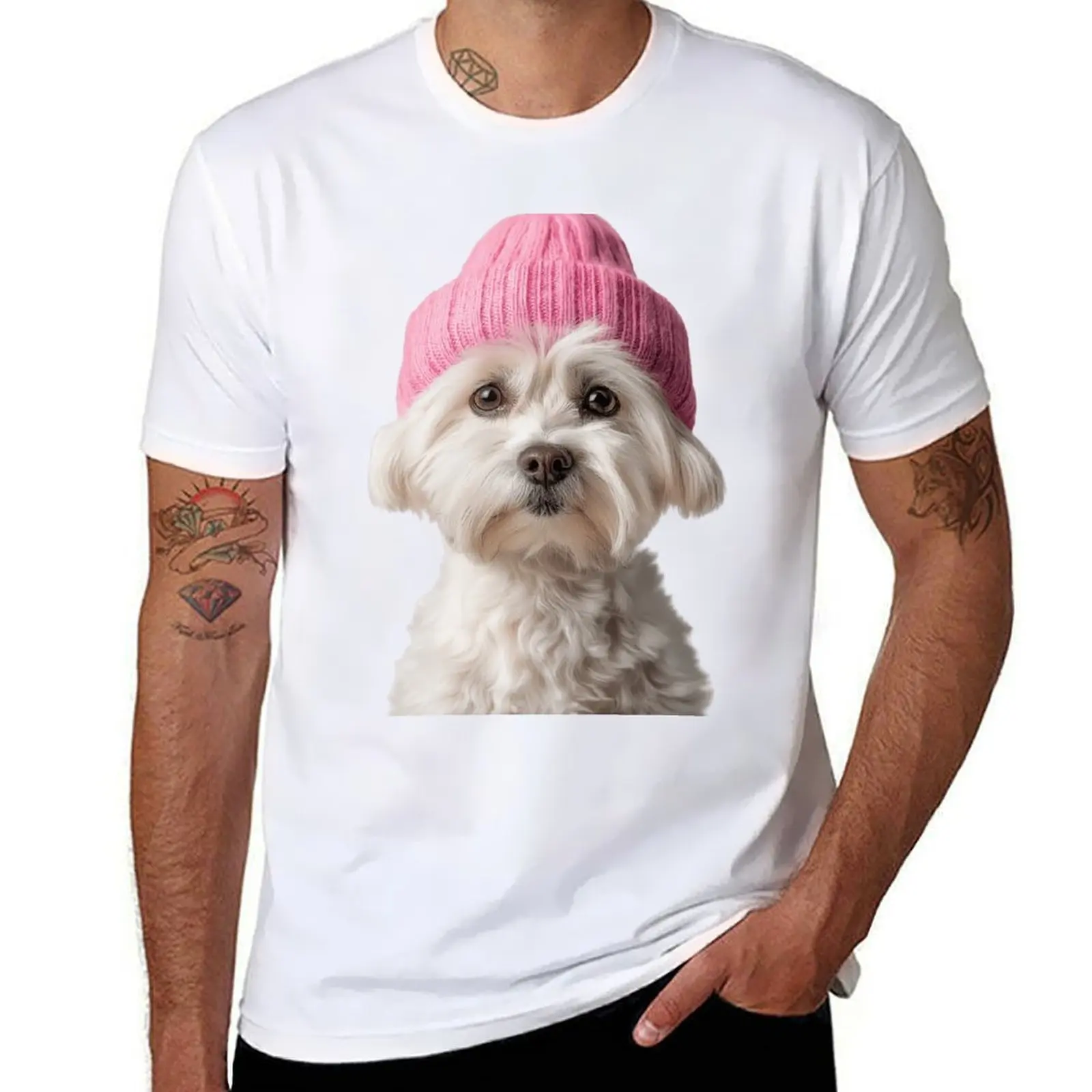 

Cozy Maltese dog Wearing Pink Winter Hat Trendy Animal Fashion Artwork T-Shirt graphic t shirts for man man tshirt T-Shirt