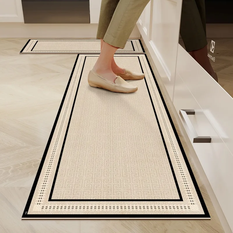 Kitchen Floor Mat Oil-proof Non-slip Waterproof Beige Carpet Home Decoration Scrubbable PVC Leather Long Strip Rug Alfombra