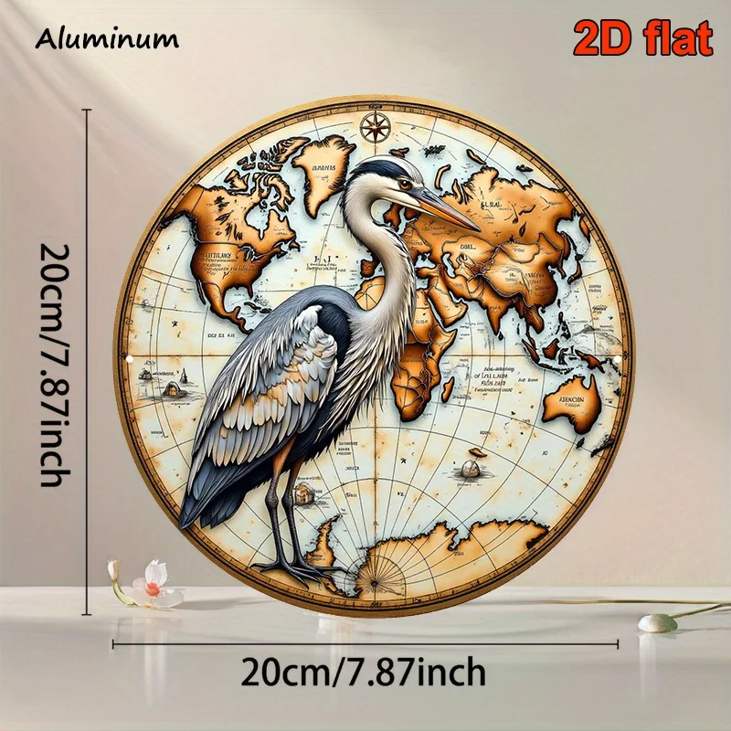 CIFBUY Vintage Heron World Map Round Aluminum Wall Art Waterproof Durable Bird Compass Geographic Decor for Living Room Bedroom