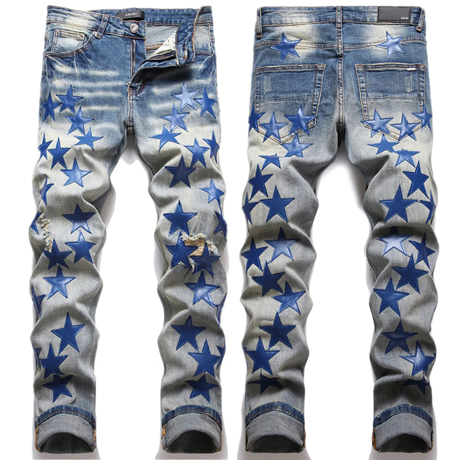 New Style Men’s Light Luxury Blue Ripped Jeans,Slim Fit Sexy Denim Jeans,Stars Decors Punk Jeans,Trendy Casual Jeans;