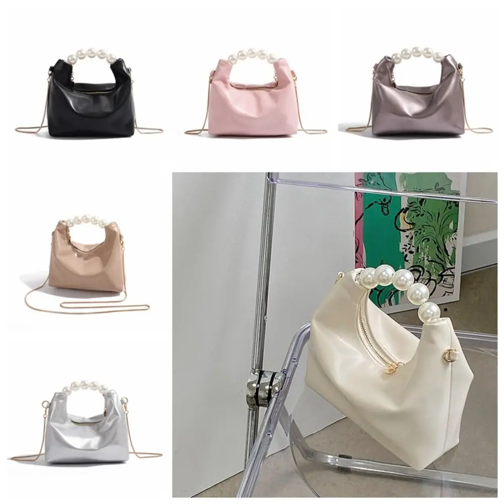 Bolso de mano informal con asa de perla y cadena de hueso de serpiente para mujer, bolso de cadena de estilo coreano, bolso de nube de PU, bolso cruzado de Color sólido, billetera