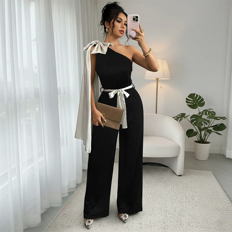 Elegant Asymmetrical Neck Long Wide Leg Jumpsuit for Women Party Wear