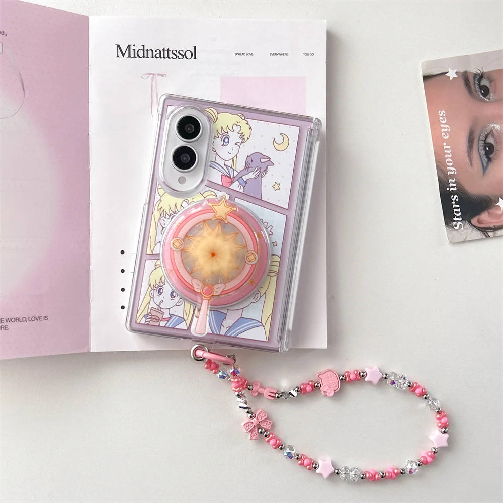 Kawaii yellow Hair Moon Girl Magnetic Phone Case for Samsung Galaxy Z Fold 8 Cover For Magsafe Lovely Stand Chain Z Fold 8
