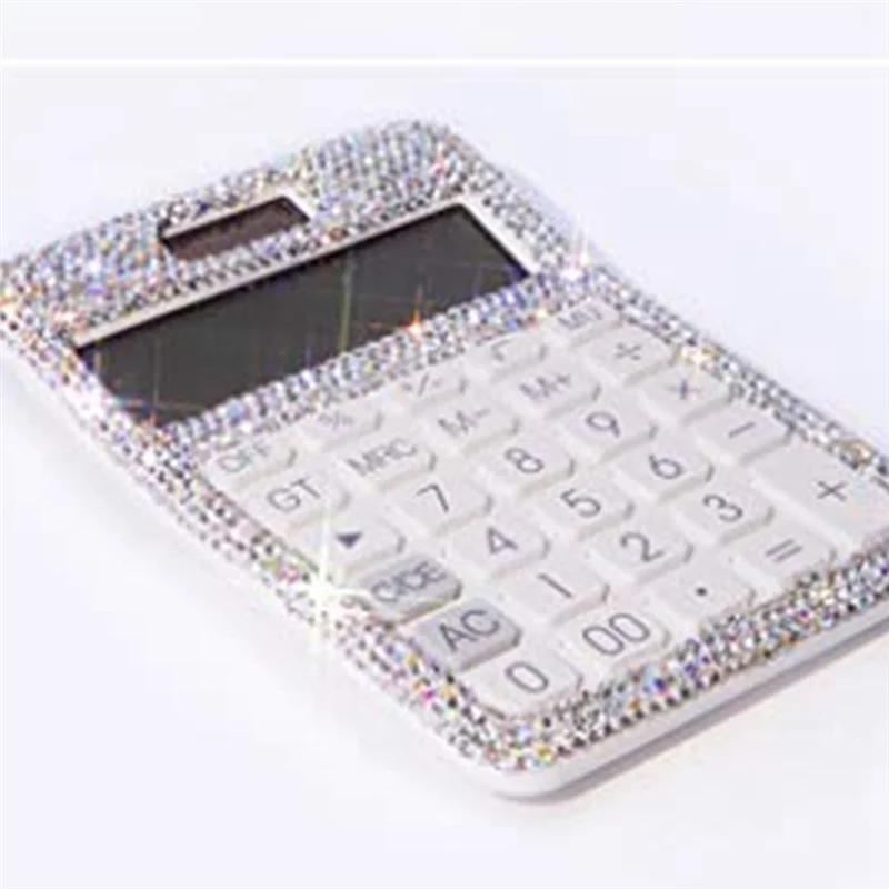 Rhinestone Crystal Dazzling 12 Digit Solar and Battery Dual Power ,LCD Display Calculator for Office, School White