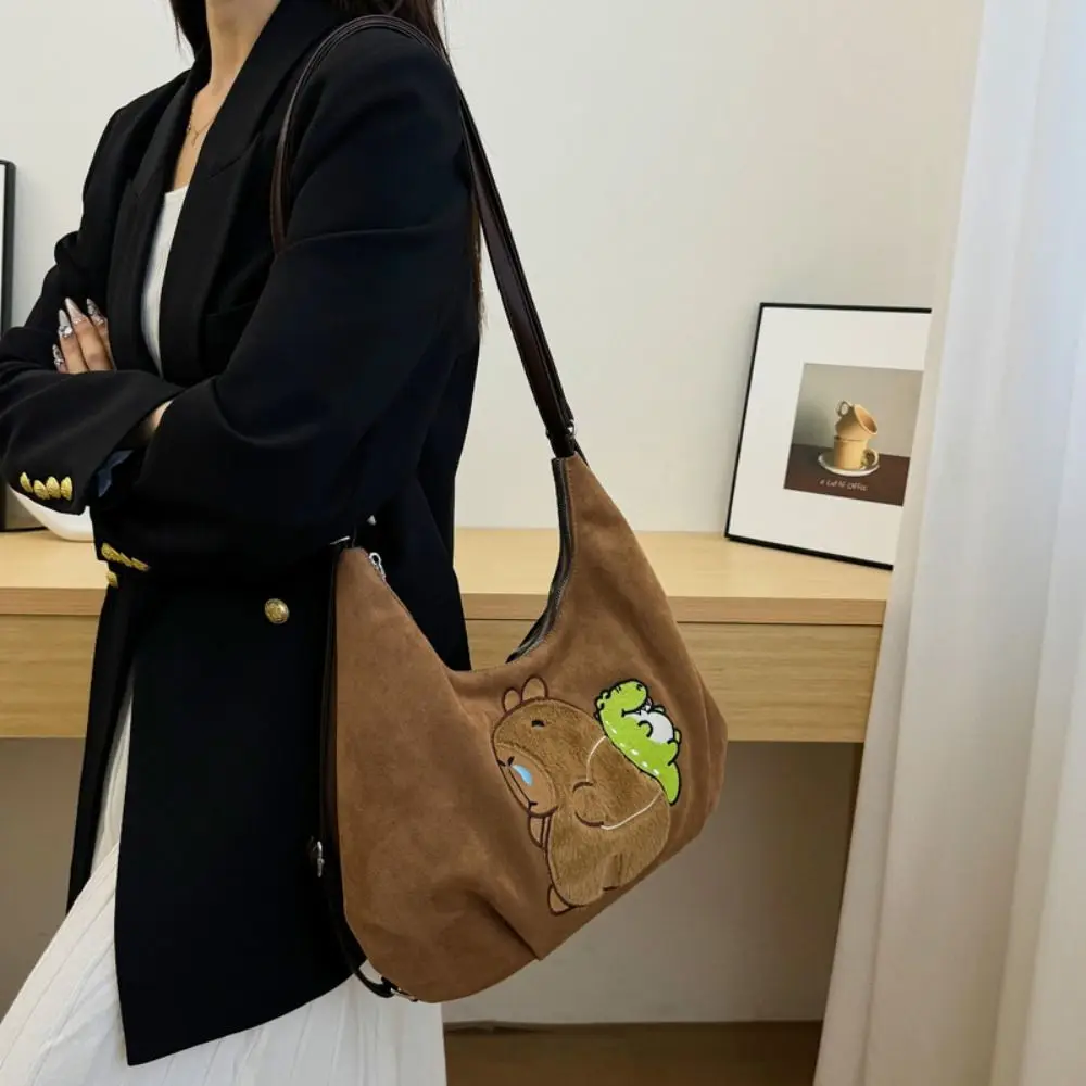 Fashion Embroider Capybara Crossbody Bag Dinosaur Soft Chamois Kapibara Bag Milk Tea Creative Chamois Leather Bag Outdoor