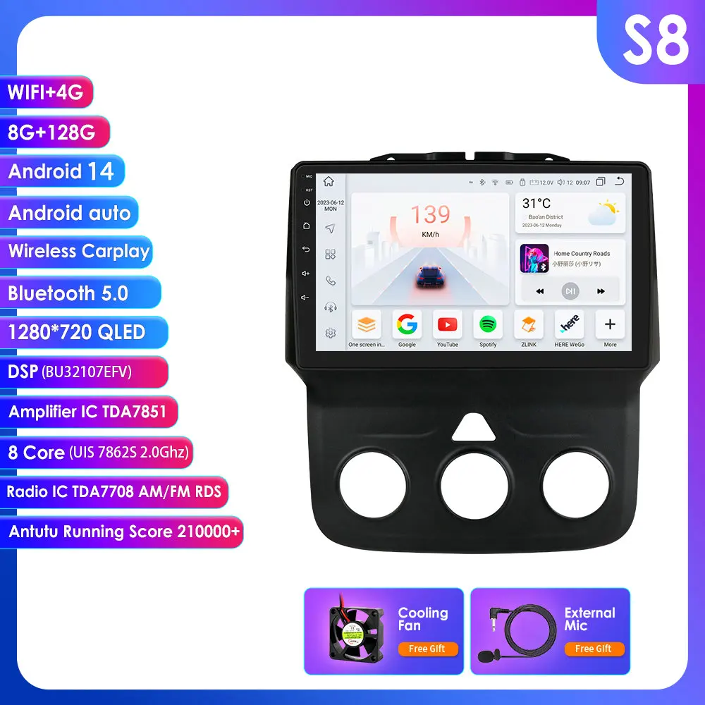 2din Carplay Android Auto voor Dodge RAM 1500 2500 3500 2013-2018 autoradio navigatie GPS multimedia videospeler 5G WiFi stereo