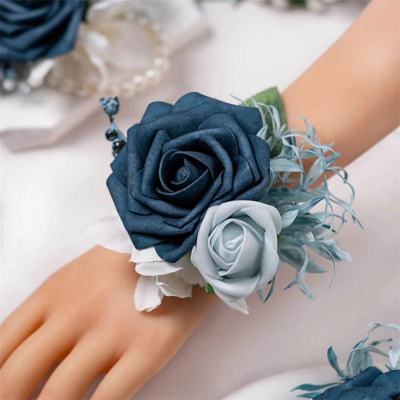 Dusty Blue Wrist Corsage Wedding Bracelet for Bridesmaid 6pcs Silk Wrist Corsage Bridesmaid Sisters Girl Hand Flowers Wristlet image 5