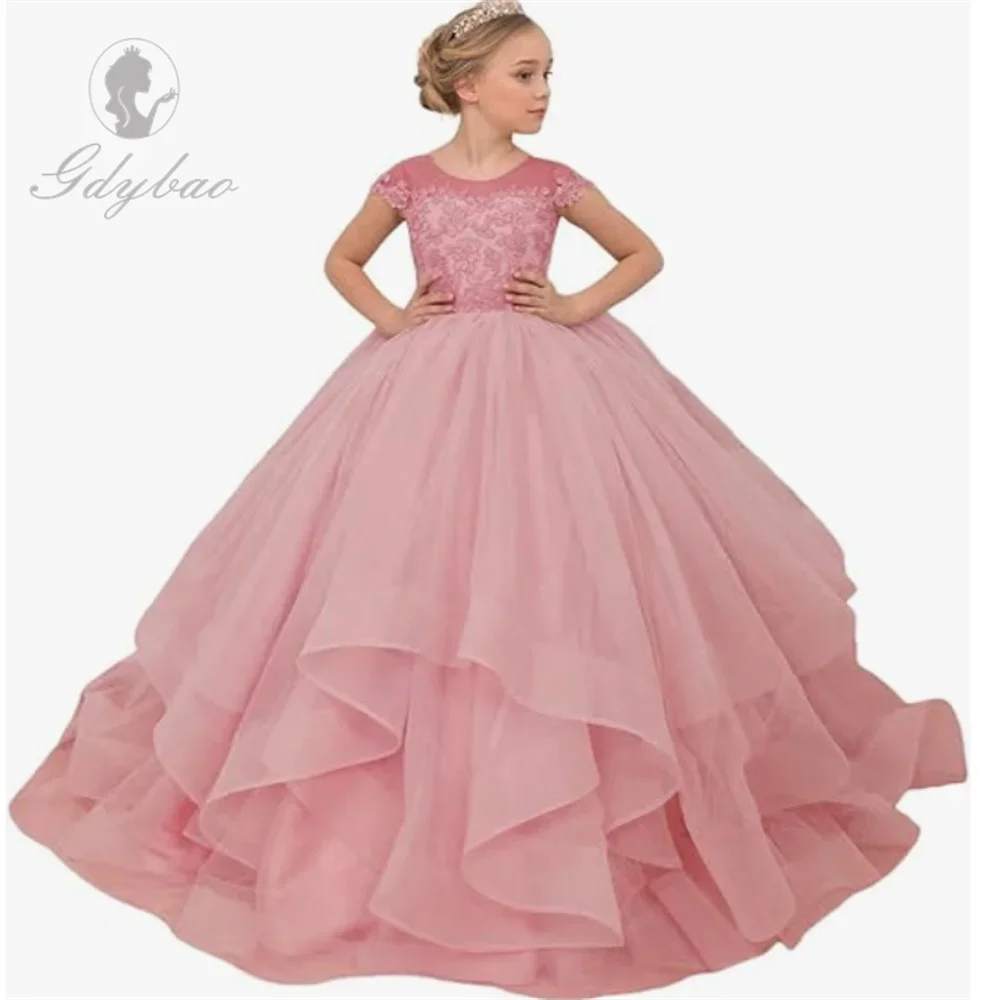 A + vestido de tul con Apliques de encaje para niña, vestidos de desfile de princesa de manga corta, vestidos de fiesta, vestido de princesa para niña de boda