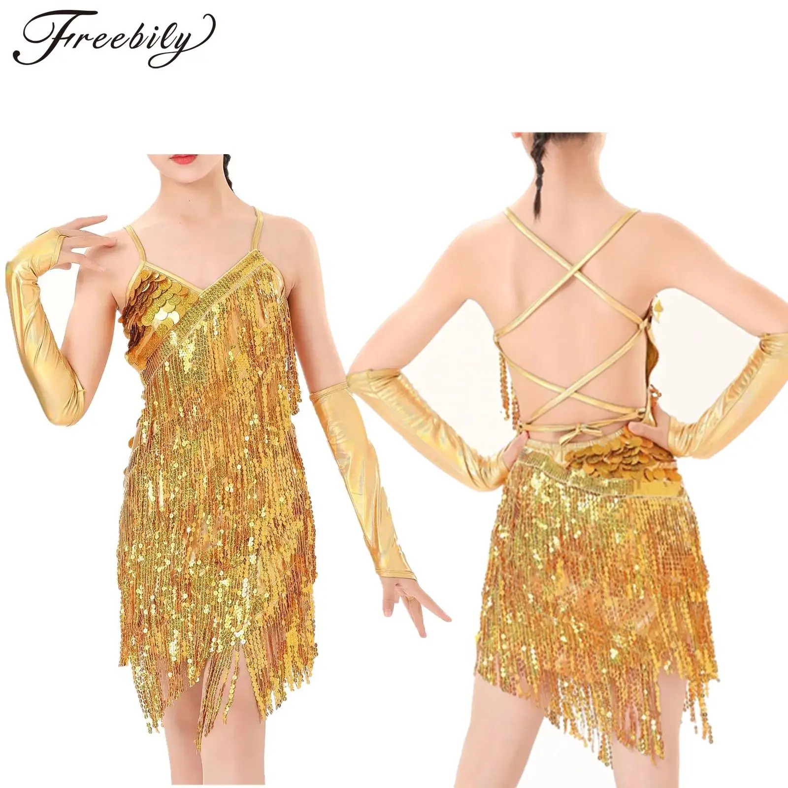 

Детское платье для латинских танцев для девочек, костюм для румбы, ча-ча, самбы, танго, блестящие платья без рукавов с кисточками и 1 пара перчаток