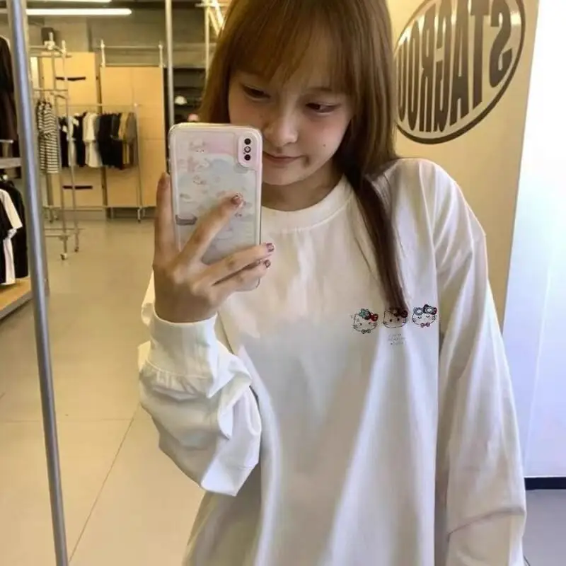 

Футболка Sanrio Hello Kitty с длинными рукавами, хлопковая, женская, модная, повседневная, в корейском стиле, дизайн 2025 года, универсальная, свободного кроя