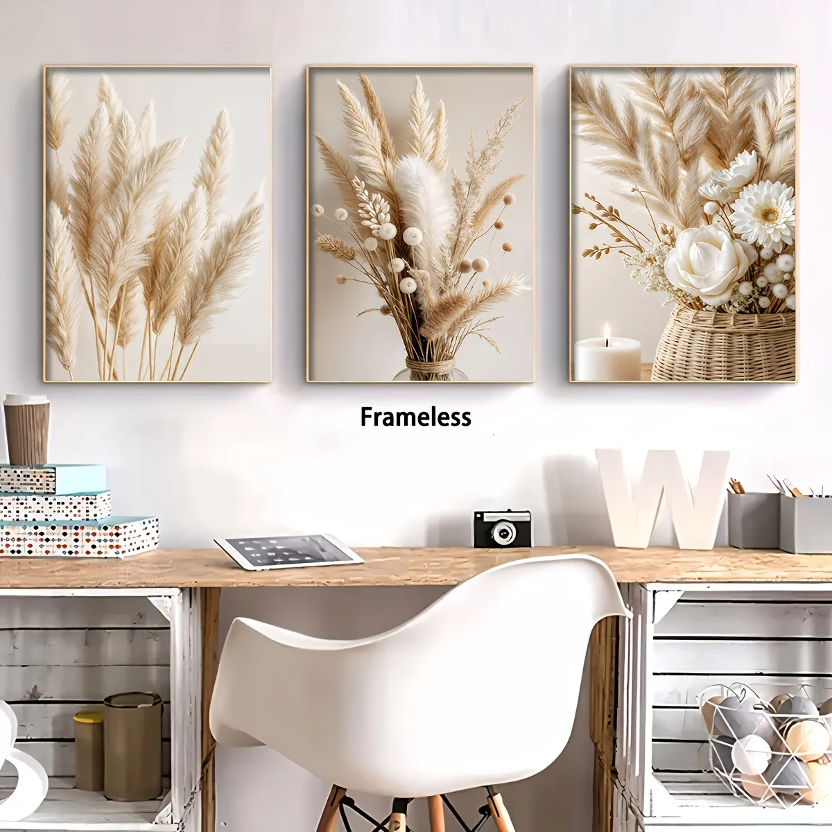 （NO Frame 3PCS）-2D Flat, 2D Flat, 3pcs, Canvas Prints, Frameless A Golden Feather Decorative Painting, Set Against a Warm Hom