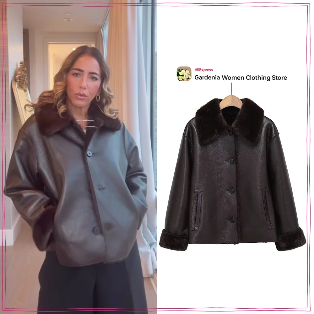 Elegant Chic Reversible Double Faced Faux Leather Outwears for Women New Stylish Winter Brown Jackets with Faux Fur Lapel Collar