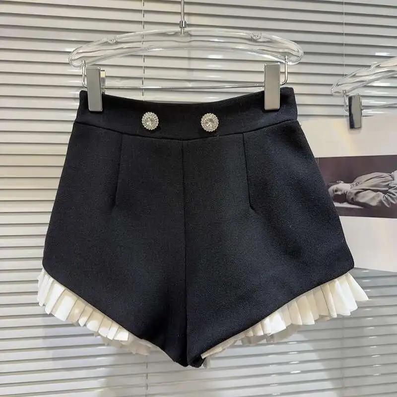 

2026 Summer New Diamond Metal Buckle Pleated Lace Celebrity Shorts For Women High Waist Hot Pants Female Trendy