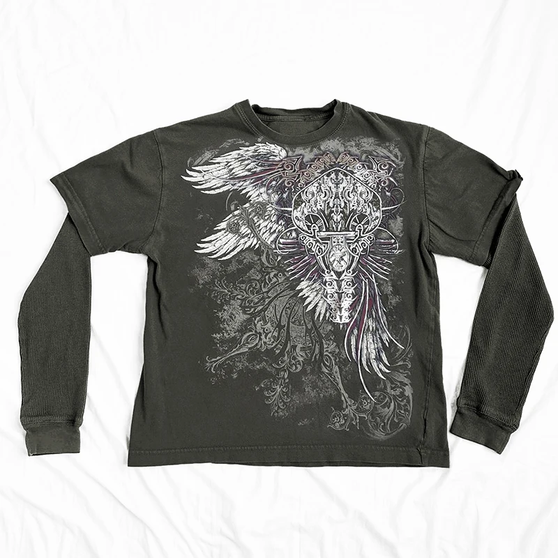 Y2K Cyber Coss Wings Print T-shirt Skull Graphic Long Sleeve Tees Grunge  Fairy Vintage Baggy Top Gothic Clothes