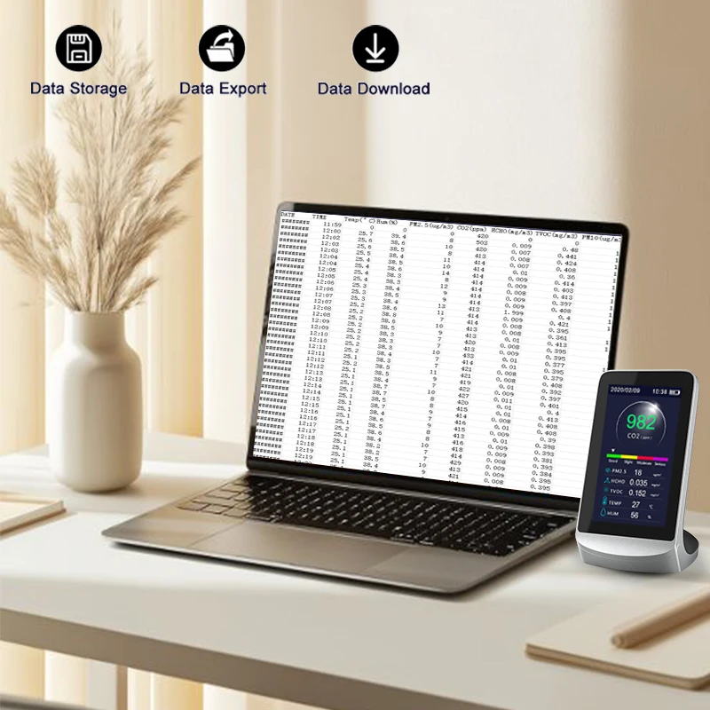 Descarga de exportación de datos Medidor PM2.5 Detector de gas Monitor infrarrojo de CO2 Medidor de calidad del aire multifunción