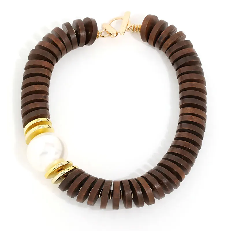 Statement Retro-Halskette mit Holzperlen, handgefertigt für Damen, trendiger Partyschmuck – Detail 6