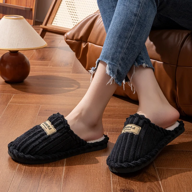 Winter Warm Graceful Home Slippers Women Indoor Lightweight Plush Slides Couples Concise Home Non-slip Corduroy Fluffy Sandals image 4