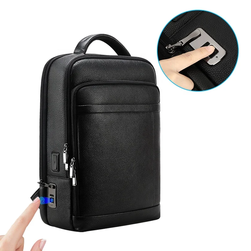 Fingerprint Lock customized Multi-function Genuine Leather bag Unique Anti Theft Men Smart Fingerprint System Laptop Backpack