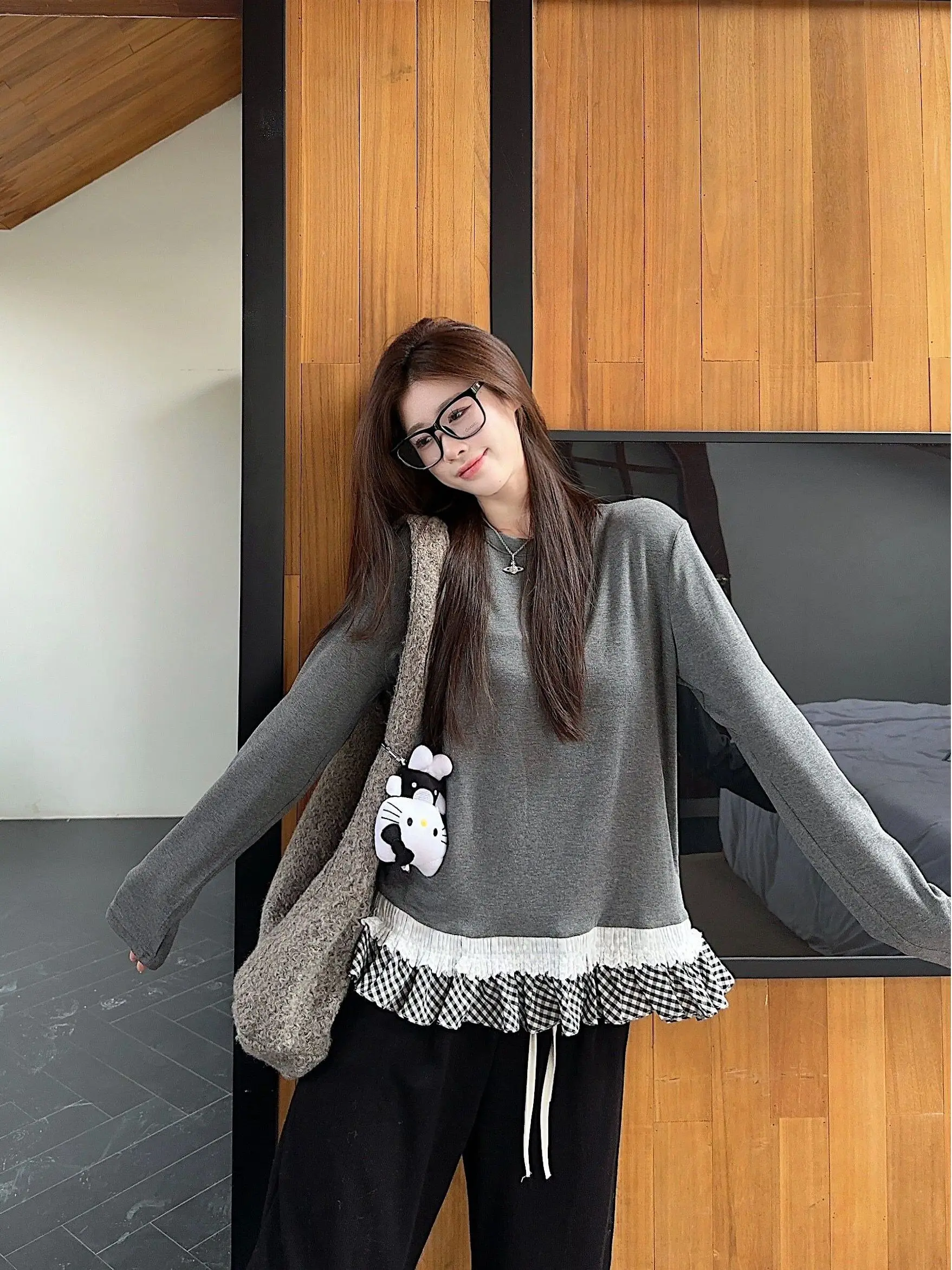 Faionable Long Sve damesbasis irt romantisch kantontwerp vrolijk patroon casual sle winterseizoen ronde ne top