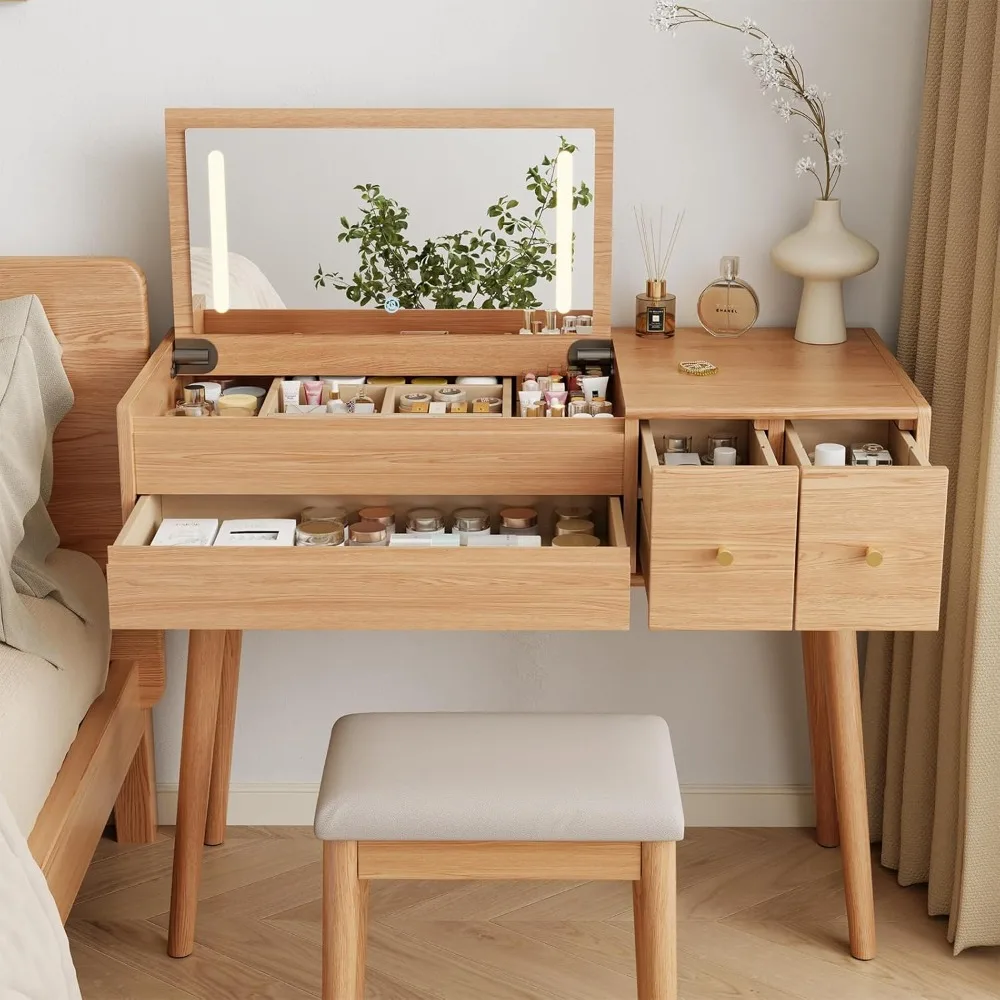 

Solid Wood Vanity Desk With Flip Top Mirror And Lights,4 Drawer Storage,With 3 Lighting Modes,Wooden 40Inch Large Make Up Vanity