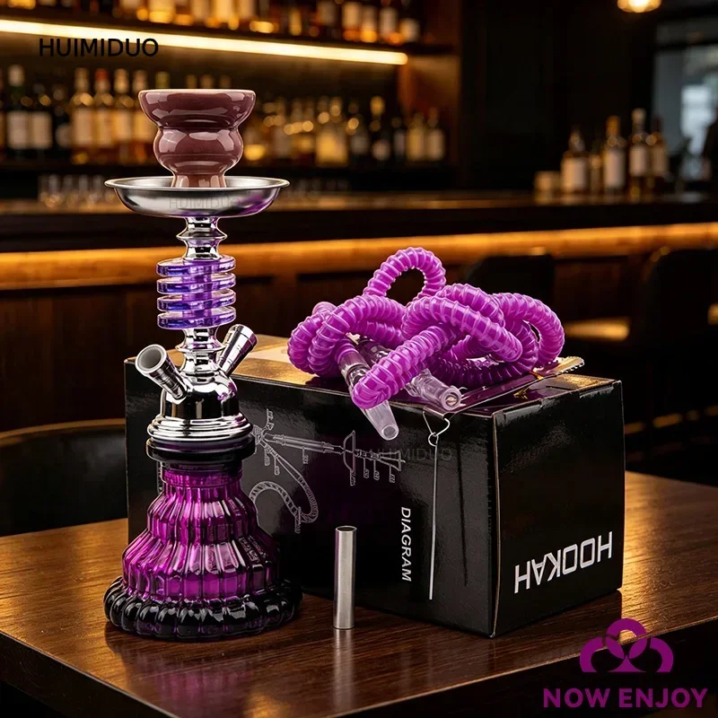 NOW ENJOY New Purple 4 layers Hookah Set Glass Shisha Double Hose Pipe Ceramic Bowl Portable Purple Accessories 2 Hoses Pipe