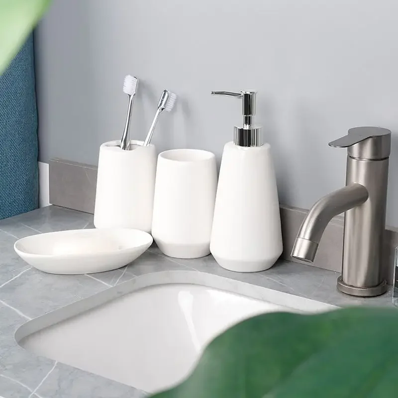 Pure White Ceramic Lotion Bottle Toothbrush Holder Mouthwash Cup Soap Dish Bathroom Accessories Hotel Portable Dispensing Bottle