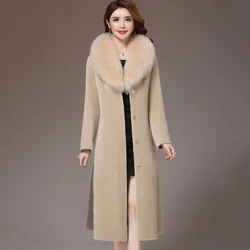 2024 Winter Fall New Womens Big Fur Collar Beige Black Wine Red Camel Lamb Fur Long Coat , Autumn Warm 4xl Overcoat for Women