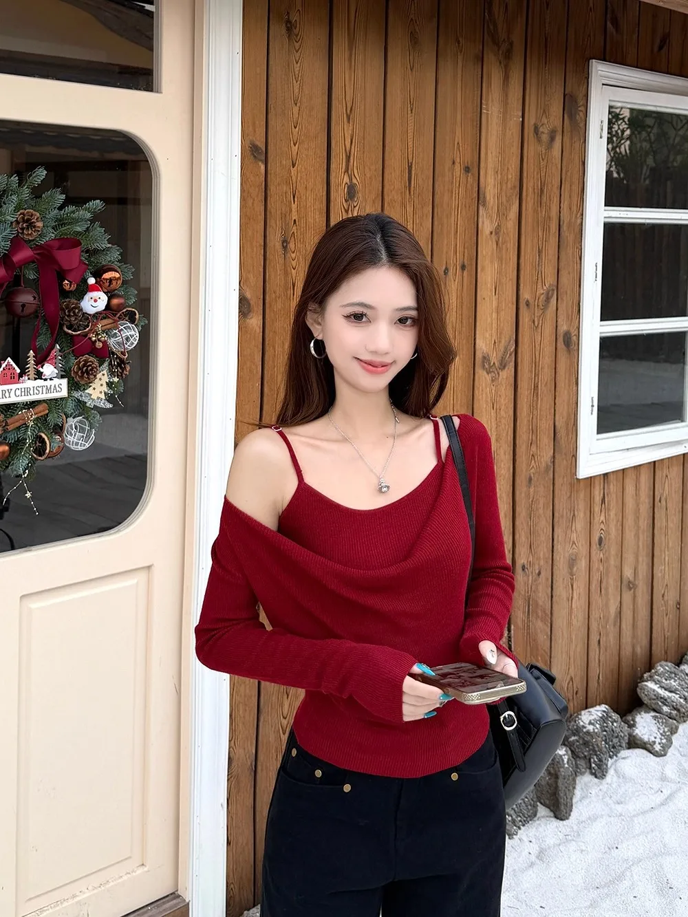 

Cisas Theme Women's Long Sve Knitted Sweater Set Slim Fit Base Layer Strap Vest Top And Bot Two Piece Ensemble