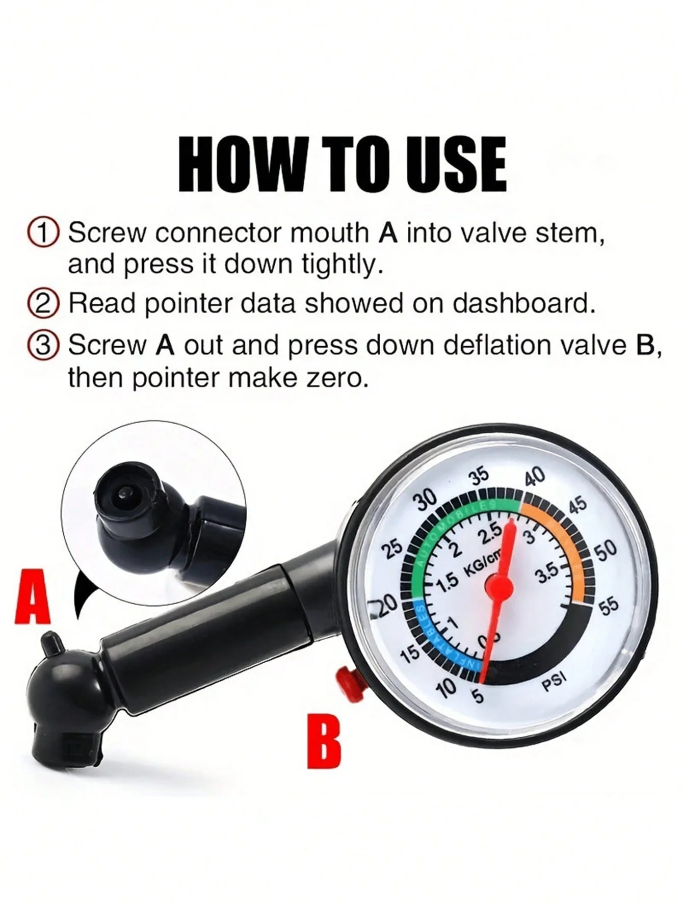 고정밀 기계식 타이어 압력 게이지, 아날로그 다이얼(PSI/KG/cm²), 내장형 릴리스 밸브, 내구성 있는 PET 플라스틱 본체, 컴파
