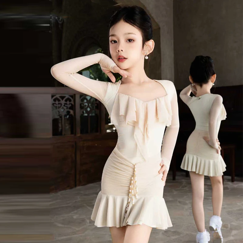 2025 جديد شبكة الأكمام اللاتينية أداء الرقص فستان الفتيات رومبا اللاتينية ملابس الرقص الأطفال قاعة الرقص أزياء SL14683 #2