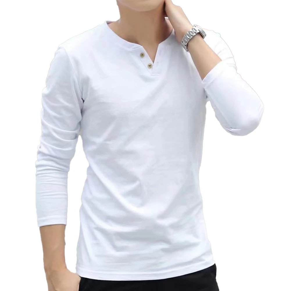 Men Casual Long Sleeve Pullover Button V Neck Henley T Shirt Slim Fit Bottoming Tops Black/White/Grey/Blue/Red