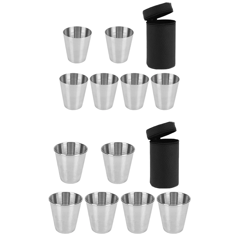 6Pcs/set Outdoor 30/70ml Polished Mini Stainless Steel Portable Drinking Wine Cup With Leather Cover Bag For Travel Camping