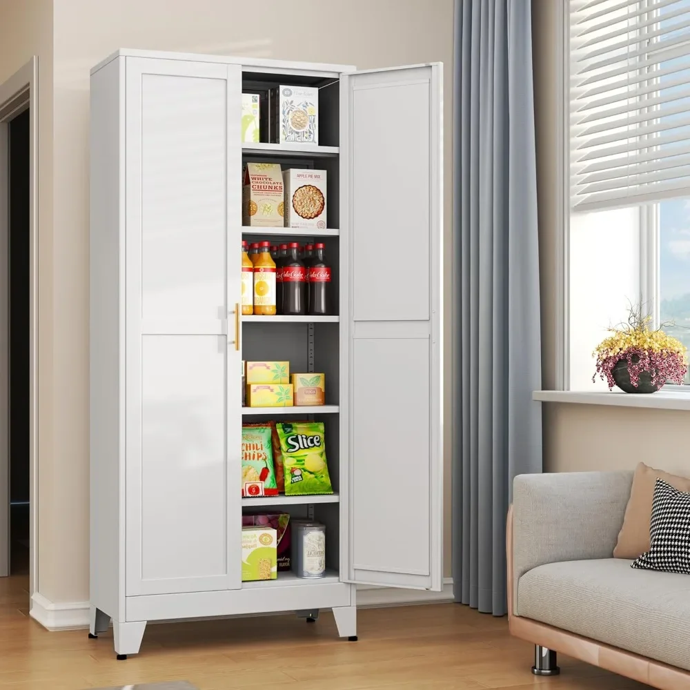 

75.2”H Pantry Storage Cabinet, Kitchen Storage Cabinets with Adjustable Feet and Shelves, Metal Pantry Cabinet for Kitchen