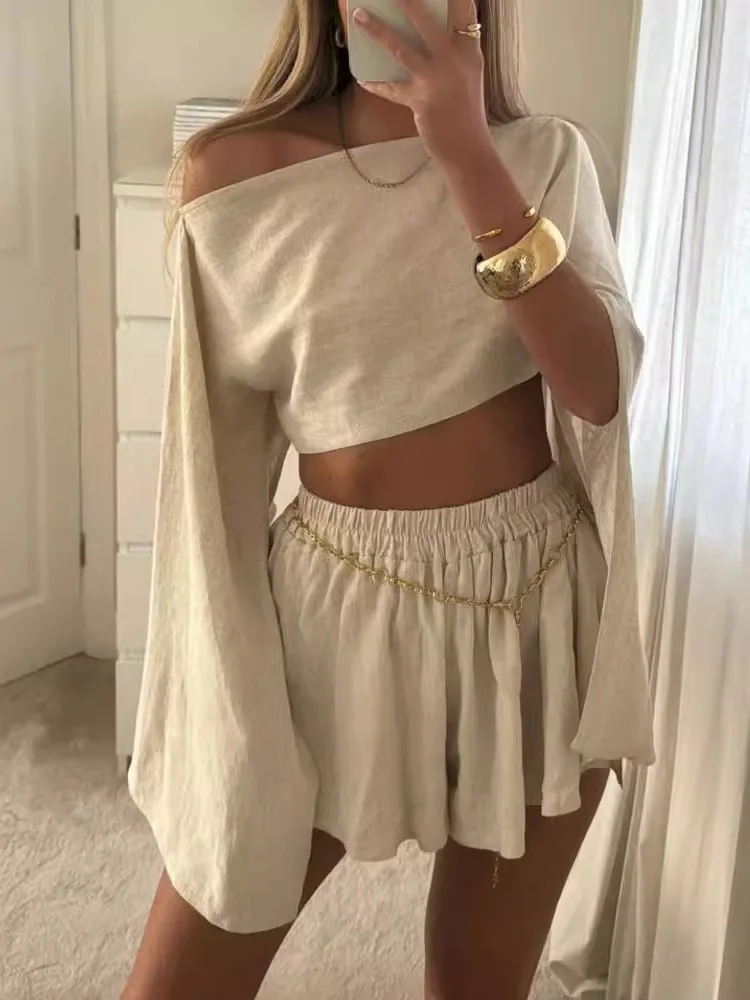 Conjunto de pantalones cortos y top de manga larga de lino para mujer, ropa deportiva informal, pantalones cortos de cintura ...