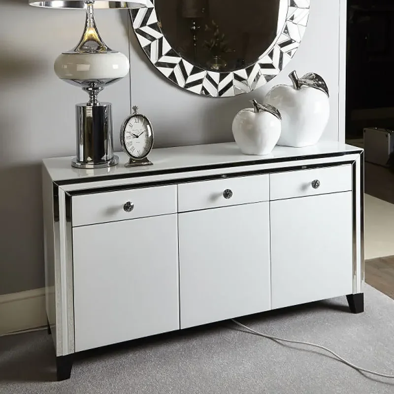 Foreign trade direct selling modern mirror sideboard 3 door mirror cabinet white glass facing silver mirror edging cabinet