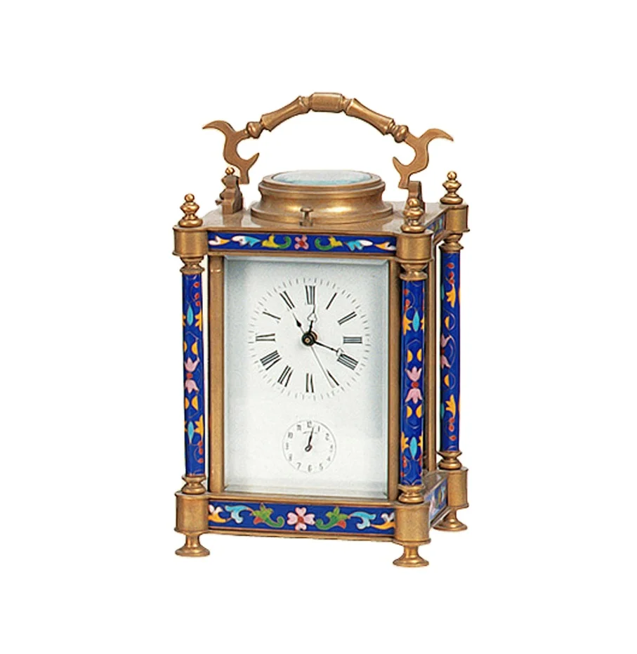 YYHC-Large antique gold plated brass shell floral blue enamel alarm clock clock Clock Calendar Day of the week date feature