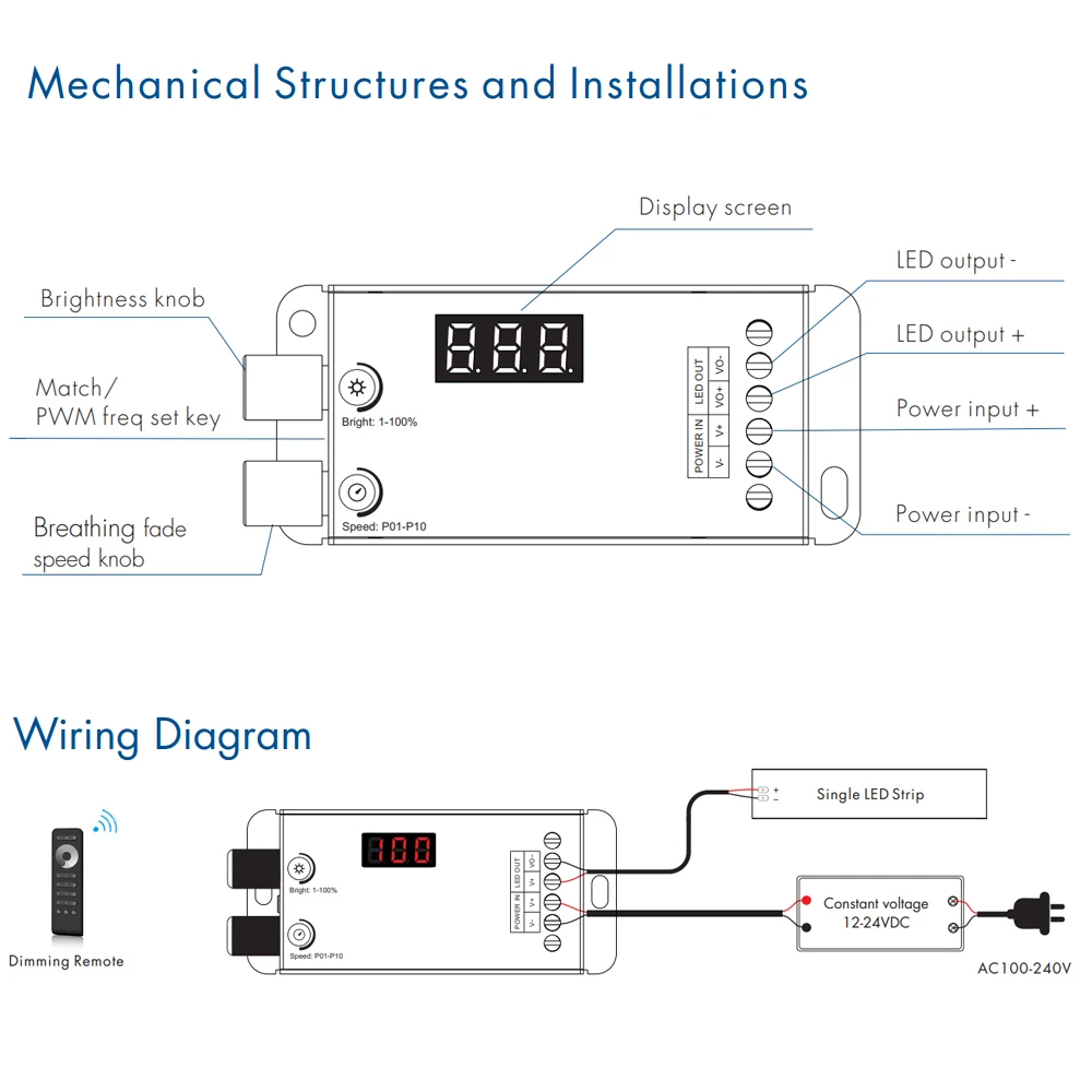 V1-B Dual knob LED Dimmer With Digital Display DC 12V 24V PWM Adjustable Frequency 2.4G RF Remote Control Single Color LED Strip