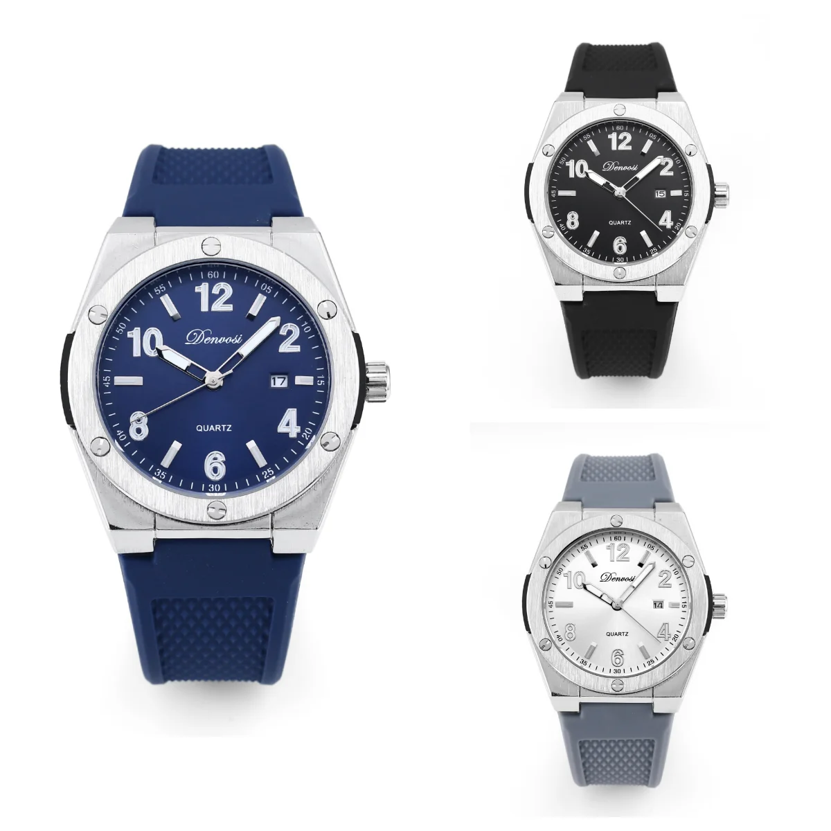 DENVOSI Men's Sports Watch Silicone Strap Large Digital Dial Date Display Night Light Hands Men's Leisure Business Watch