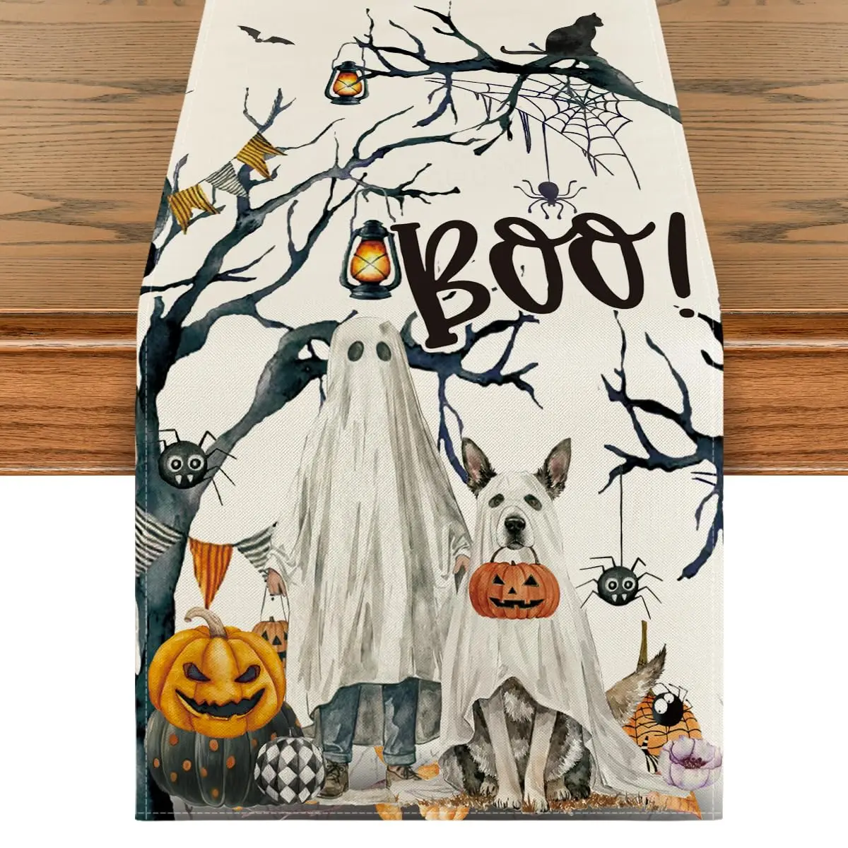 

Halloween Table Runner, Ghost Pumpkins, Tree, Dog, Boo, Fall, Kitchen, Dining Table Decoration, Home Party Decor