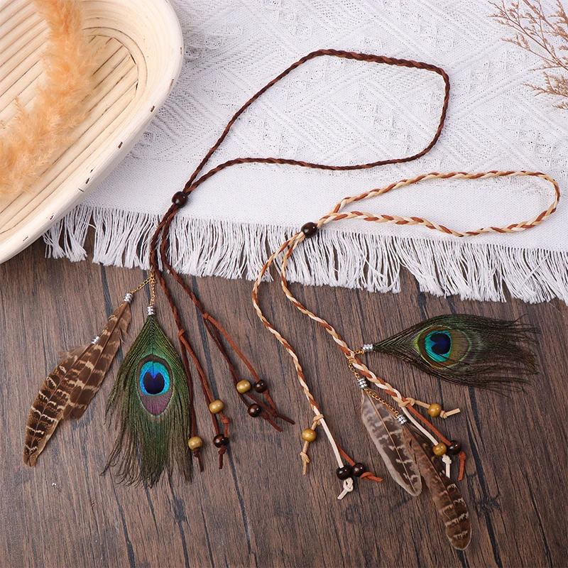 Retro Boho Peacock Feather Braided Rope Headband Hairband Women Headgear Feather Headdress Indian Headwear Hair Accessories Gift